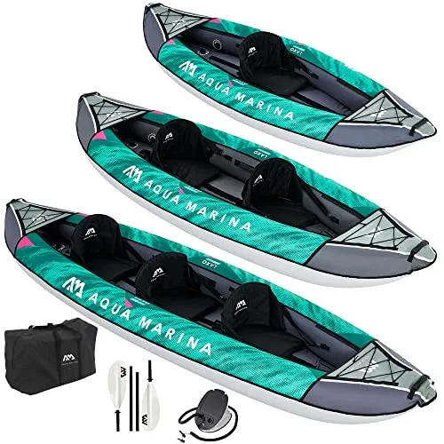 Aqua Marina Laxo-320 Kajak Set für 2 Personen - Aufblasbares Kanu mit Paddel, Pumpe und Rucksack, ideal für entspannte Ausflüge auf dem Wasser. Maximale Nutzlast von 180 kg für stabilen Komfort.