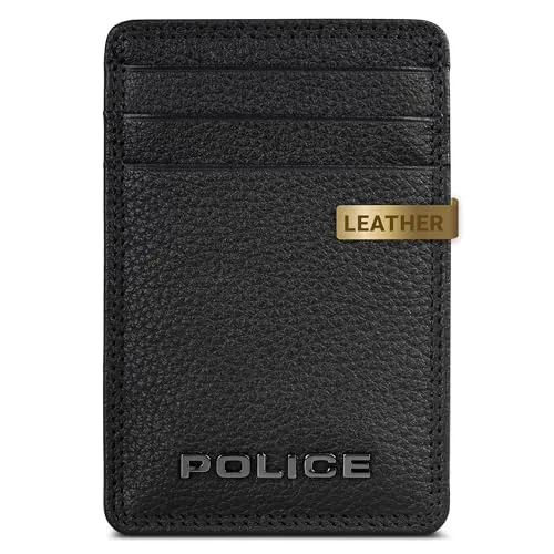 Police Leder Geldklammer/Kreditkartenetui Slim | RFID-Schutz & 3 Kreditkartenfächer & 2 Steckfächern | Maße 7 x 0,5 x 10 cm (schwarz)