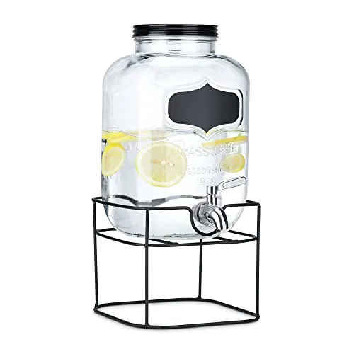 Navaris Getränkespender 5 Liter aus Glas - ideal für Gartenpartys - Eisgetränkeautomaten: Hochwertiger Glasbehälter mit Zapfhahn aus Edelstahl, perfekt für kalte Getränke und selbstgezapfte Limonade auf Ihrer nächsten Feier.