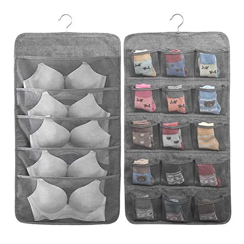 MaoXinTek Kleiderschrank Organizer Hängend für Unterwäsche Socken BHS mit 20 Taschen, Stoff Hängeorganizer Faltbar Platzsparend Hängeaufbewahrung für Schals Strumpfhosen Krawatten, Grau
