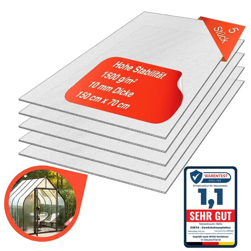 Exeta Gewächshausplatten 10mm Polycarbonat 5 Stück - 5 Stück UV-beständige Doppelstegplatten aus 10mm Polycarbonat, ideal für Gewächshäuser und Carports. Bruchsicher und leicht zuschneidbar, bieten sie optimalen Schutz für Pflanzen und Strukturen.