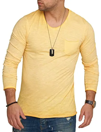 behype. Herren Langarm Shirt mit Brusttasche Longsleeve Langarmshirt T-Shirt V-Neck 3448-Gelb-M