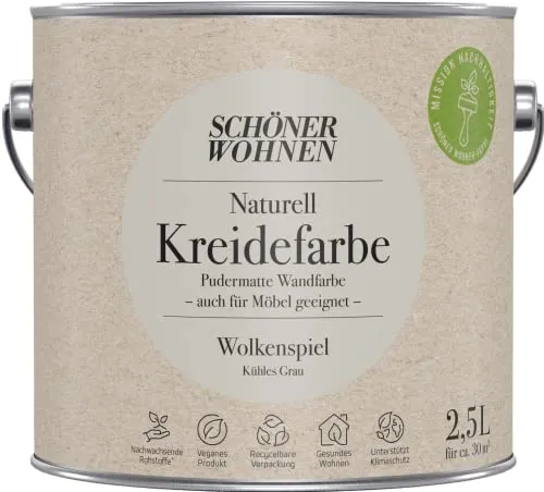 Schöner Wohnen Naturell Kreidefarbe Wolkenspiel Kühles Grau 2,5 L - Umweltfreundliche Wandfarbe für ein harmonisches Wohngefühl. Die vegane Kreidefarbe überzeugt mit hoher Deckkraft und eignet sich auch für Möbel. Mit natürlichen Inhaltsstoffen und recycelbarer Verpackung.