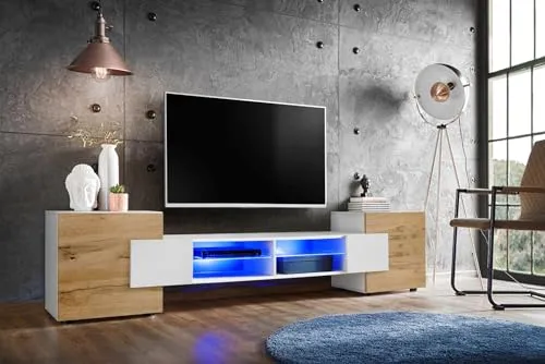 Komodee, Merano Bank TV Schrank, Weiss Weiss Wotan, LED Blau, Breite 230 cm x Höhe 52,5 cm x Tiefe 35 cm, für Wohnzimmer, Schlafzimmer