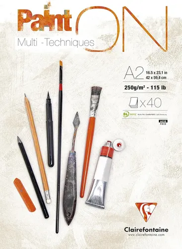 Clairefontaine Zeichenblock PaintON 96535C A2, 250 g/m² - Schreibutensilien - Ideal für Multitechnik, kratzfestes Zellulosepapier mit hoher Grammatur für detaillierte Arbeiten, 40 Blatt.