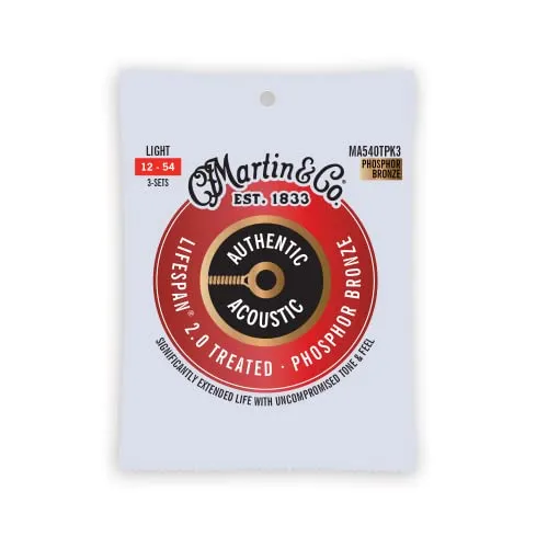 MARTIN 3er-Pack Akustikgitarrensaiten, Lifespan 2.0 Light 12-54, 98/2 Phosphor Bronze (MA540TPK3)