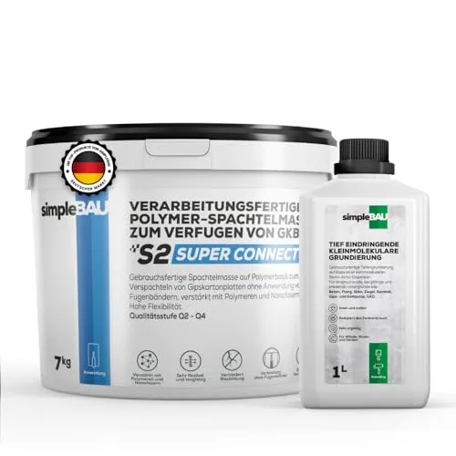 simpleBAU Spachtelmasse 7 kg & Tiefengrundierung 1L – Hochleistungs-Spachtel für Gipskartonplatten - Hochflexible Spachtelmasse für Gipskartonplatten und geprüfte Tiefgrundierung für Wände und Böden. Ideal zum Ausbessern, Glätten und für perfekte Oberflächen vor dem Anstrich. Einfach zu verarbeiten und schnell trocknend.