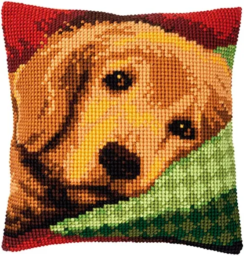 Vervaco Kreativset Kreuzstichkissen Schläfriger kleiner Hund - Kreativkästen mit handbemaltem Stramin und hochwertigem Garn, ideal für kreative Projekte und Entspannung, Größe 40 x 40 cm, für Kinder ab 6 Jahren unter Aufsicht.