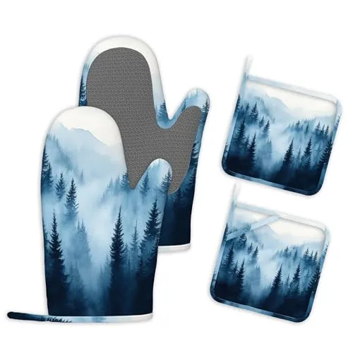 Ofenhandschuhe und Topflappen 4er Set Nebel Wald Hitzebeständig Küchenhandschuhe Topfhandschuhe Silikon Kochhandschuhe Backofen Handschuhe zum Kochen Grillen und Backen