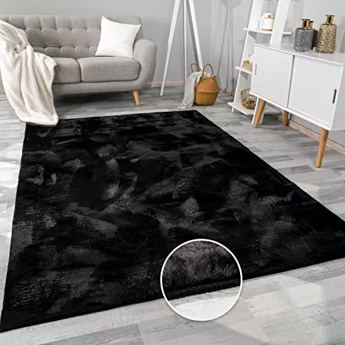 Paco Home Teppich Wohnzimmer Kunstfell weich waschbar modern elegant pflegeleicht Felloptik Uni Seidenglanz flauschig Kurzflor, Grösse:80x150 cm, Farbe:Schwarz