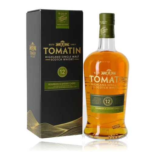 Tomatin 12 Jahre Whisky - Bourbon & Sherry Casks - Whisky aus Highland, 12 Jahre gereift in Bourbon- und Sherryfässern, vereint fruchtige Aromen mit zarten Rauchnoten für ein unvergleichliches Geschmackserlebnis.