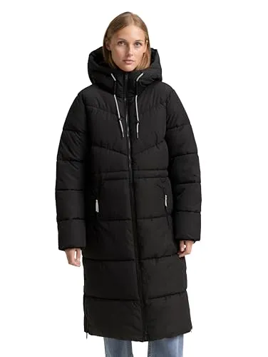TOM TAILOR Denim Damen Puffer-Mantel mit Kapuze - Damen-Mantel aus recycelten Materialien, mit 2-Wege-Reißverschluss und praktischen Taschen für mehr Bewegungsfreiheit und Komfort.