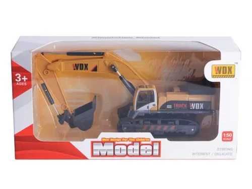 Gelber Spielzeug Bagger 17 cm, Maßstab 1:50, mit Rückzug, beweglicher Schaufel und Raupen
