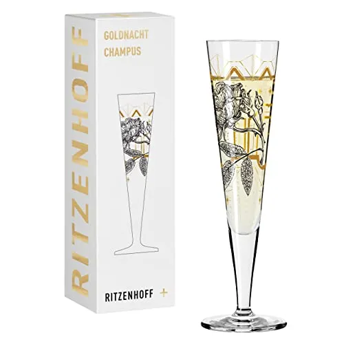 RITZENHOFF 1071029 Champagnerglas 200 ml - Serie Goldnacht Nr. 29 - Rosen-Garten-Motiv mit Echt-Gold - Made in Germany