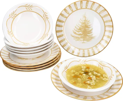 MamboCat Tafelservice 12tlg Wald Ocker für 6 Personen - Tafelservice aus robustem Steingut, ideal für festliche Anlässe mit einzigartigem Tannenbaum-Design. Spülmaschinen- und mikrowellengeeignet, perfekt für die Weihnachtszeit.
