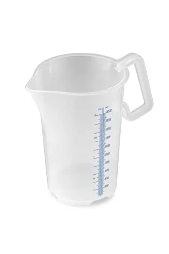 Thermohauser Messbecher m. geschlossenem Griff, 2000 ml, Kunststoff PP, blaue Skala in Litern und Millilitern 8300040087 Transparent