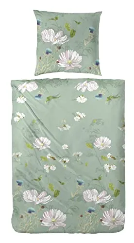 Primera Mako-Satin Bettwäsche 135x200 Blumenwiese rauchgrün weiß lila 243213-55