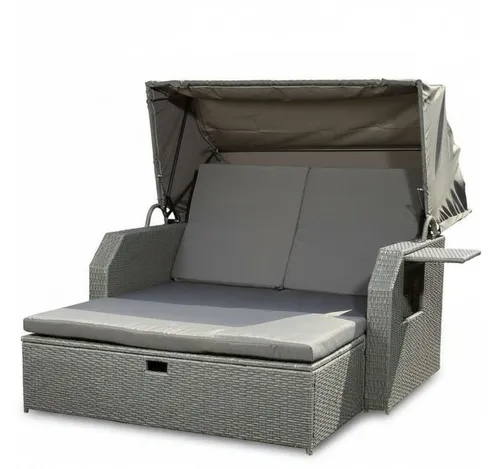 Melko Gartenliege Sonneninsel mit Dach, Hocker und Kissen Polyrattan 145×143×130 cm, Halblieger mit Dach 145x143 cm, 3-teiliges Set bestehend aus 1 × Sonneninsel, 1 × Hocker und Kissen, Kompakte Halblieger mit klappbarem Dach und separatem Hocker