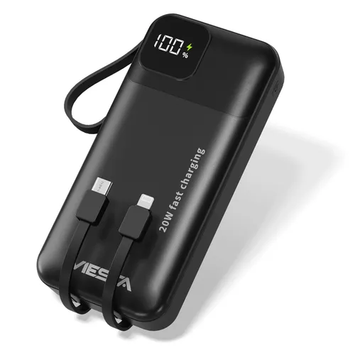 VIESTA Powerbank 20.000 mAh Schwarz – Schnelles Laden mit QC 22,5W & PD 20W - Powerbanks – 20.000 mAh mit integrierten Kabeln, digitaler Anzeige und Taschenlampe. Ideal für unterwegs mit ultraschnellem Laden und voller Flexibilität für alle mobilen Geräte.