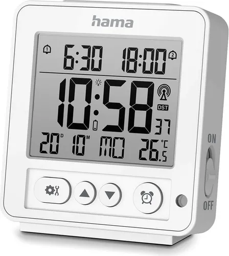 Hama Funkwecker Rhodos - Funkwecker in elegantem Weiß, mit präziser Zeitansage und großem Display, ideal für ein stressfreies Aufwachen.
