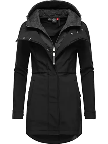 Ragwear Damen Softshellmantel Ybela Black22 - Übergangsjacke mit Kapuze - Funktionsjacken: Langer, veganer Softshellparka mit wind- und wasserabweisendem Material, kuscheligem Fleecefutter und praktischen Reißverschlusstaschen - ideal für Frühling und Herbst!