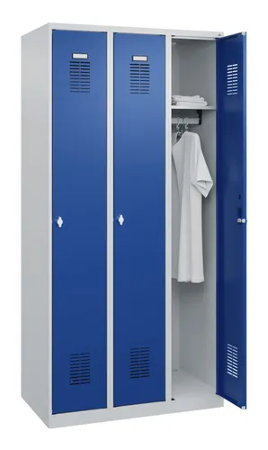 CP-Möbel Spind Basis PLUS, blau, 3 Abteile mit Drehriegelschloss - Robuster Spind mit 3 Abteilen, ideal für Schulen oder Sporteinrichtungen. Stabile Stahlkonstruktion in lichtgrau und enzianblau, komplett montiert geliefert.