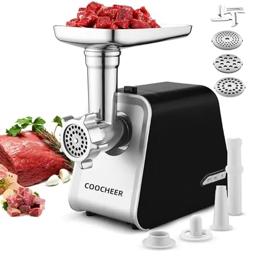 COOCHEER Elektrischer Fleischwolf 2000W Professional, 3-in-1 Multizerkleinerer mit Wurstfüller, Spritzgebäck-Aufsatz & Kebbe-Vorsatz, Edelstahl Fleischmaschine mit 3 Mahlscheiben