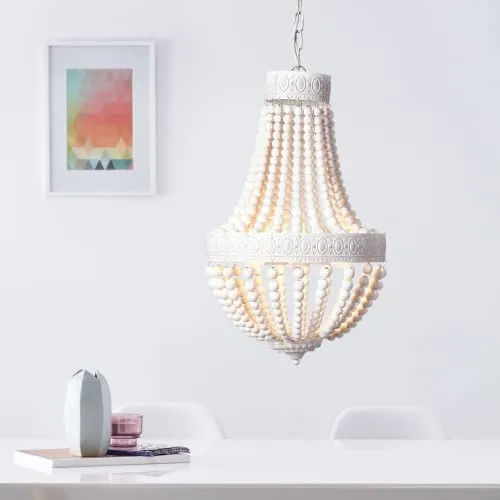 Lightbox 3 flammiger Kronleuchter - kürzbare Pendellampe geeignet für Esstische - Metall/Holz aus Monterey-Kiefer in Weiß - 40cm Durchmesser