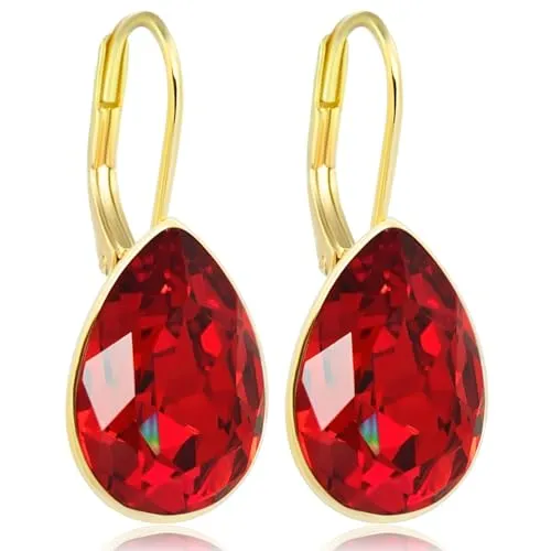 Gold Ohrringe 925 Silber vergoldet Kristalle Rot goldene Ohrhänger Tropfen kurz Klappverschluss NOBEL SCHMUCK