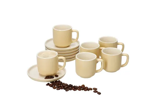 Ritzenhoff & Breker 6er Set Jasper Espressotassen mit Untertassen Vanille - Thermobehälter für 6 Personen, aus robustem Steingut, mit modernem Design und Soft-Touch-Haptik. Ideal für Espresso und Snacks, spülmaschinen- und mikrowellengeeignet.