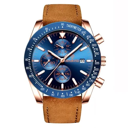 JewelryWe Uhren Herren Echtleder Chronograph: 30m Wasserdicht Analog Quarz Armbanduhr Männer Leder Armband Uhr mit Stoppuhr Kalender Tachometer Leuchtzeiger und Blau Gehäuse