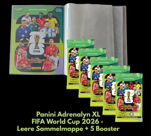 Panini Adrenalyn XL FIFA World Cup 2026 Sammelmappe + 5 Booster Packs - Sammelmappe für die FIFA Weltmeisterschaft 2026 mit 5 Booster Packs. Perfekt für Fans und Sammler, um das vollständige Set zu vervollständigen und exklusive Karten zu entdecken.