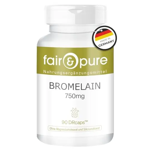 Fair & Pure Bromelain hochdosiert 750mg, 1800 F.I.P, 90 Kapseln, magensaftresistente DRcaps, Nahrungsergänzungsmittel vegan ohne Magnesiumstearat, in Deutschland hergestellt