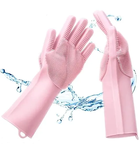 PREMIUM Geschirrspül Waschhandschuhe mit Noppen Oberfläche & feinen Bürsten zum Reinigen der Küchenutensilien I Silikon Reinigungshandschuhe Ideal zum Geschirr spülen & Putzen im Haushalt (Rosa)