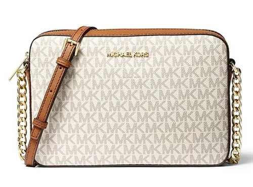 MICHAEL KORS JET SET ITEM CROSSBODY Tasche - Umhängetasche aus hochwertigem PVC/Leder in elegantem Braun mit goldfarbenem Verschluss. Ideal für stilvolle Damen, die Funktionalität und Chic vereinen möchten.
