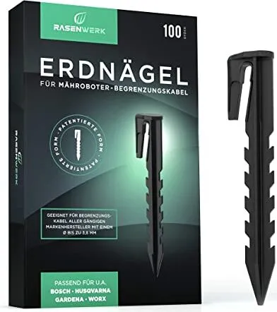 RASENWERK® - Erdnägel für Mähroboter Begrenzungskabel - 100 Stück - Erdanker mit patentierter Form - Erdspieße für Begrenzungsdraht - Kompatibel mit Gardena, Husqvarna, Worx, Bosch, AL-KO