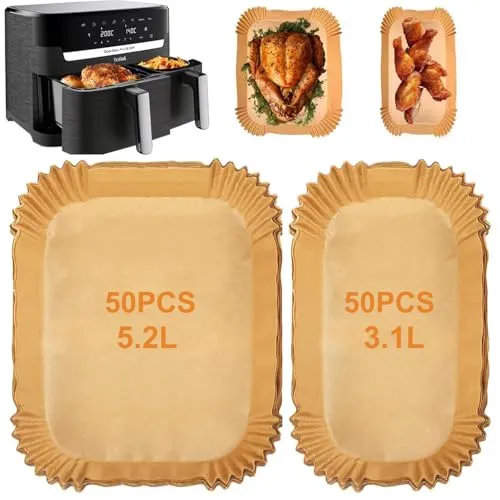 Breezo 100 Stück Backpapier für Tefal EY9018 Dual Easy Fry EY905D 5,2/3,1 L, Backpapier für Heißluftfritteuse Philips Dual Basket Airfryer 3000-Serie, Moulinex 8,3 L, DMS, Cecotec, Luftfritteusen Zubehör