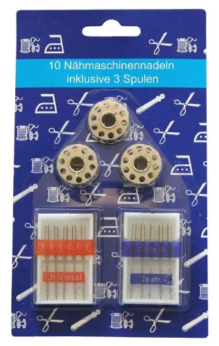 Nähmaschinen Set: 5 Universal - Nähmaschinennadeln, 5 Jeans - Nähmaschinennadeln + 3 Nähmaschinenspulen aus Metall