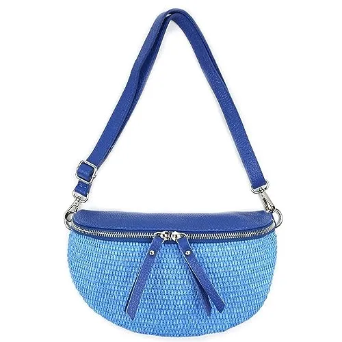 Made in Italy Damen Leder Tasche Basttasche Schultertasche Gürteltasche Sommer Strandtasche Crossbody Bauchtasche Umhängetasche Cross-Over Bodybag Handytasche Geflochten Bast Abendtasche Royalblau