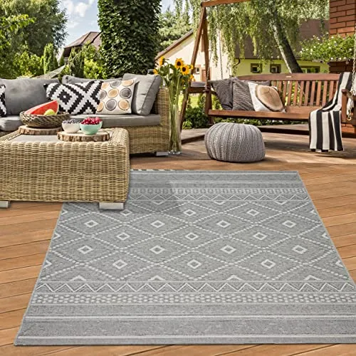 Teppich-Traum In- & Outdoor LÄUFER Sisal Optik Küche Wohnzimmer Terrasse Balkon Rauten Zickzack Muster graufarben Größe 80x150 cm