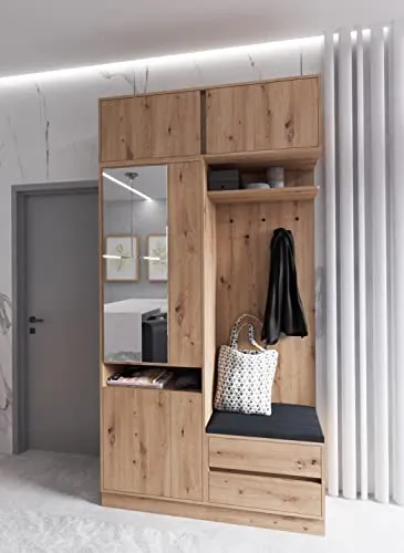Marmex Möbel ARTI Garderobe mit Spiegel - Garderobenschrank mit vielseitiger Nutzung: 2 Schubladen, ausziehbare Kleiderstange und 4 Fächer, inklusive Sitzkissen und Spiegel – ideal für einen praktischen Eingangsbereich.