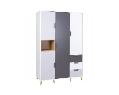 Deine Möbel 24 Kinderkleiderschrank JUSTIN 1 - 3-türiger Drehtürenschrank in Weiß Matt / Graphit / Grau / Eiche Scandi Stil - Kleiderschrank JUSTIN 1 – Praktisch und modern für jedes Zimmer! Mit robusten Materialien und viel Stauraum ist dieser 3-türige Schrank ideal für Jugendzimmer, Schlafzimmer oder Wohnzimmer.