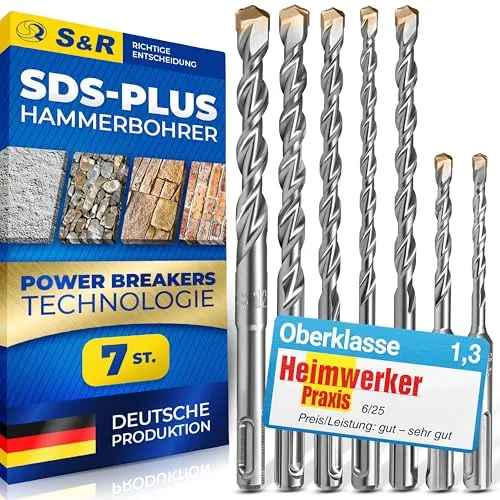 S&R Hammerbohrer-Set, 7-teilig - Bohrer für Beton und Mauerwerk, langlebige Industrie-Qualität mit verstärkter Spiralhelix für präzise Bohrungen.