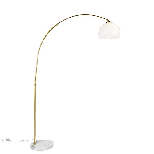 Qazqa Moderne Bogenlampe in Messing mit Weißem Schirm - Elegante Innenbeleuchtung - Stilvolle Bogenlampe mit E27-Fassung, ideal für Wohnzimmer und Schlafzimmer. Dimmbar (Dimmer nicht enthalten) und passend für LED. Verleiht jedem Raum eine moderne Note.