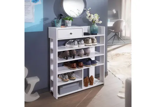 FINEBUY Schuhregal FB54442 - Modernes Flurregal mit 7 Fächern - Schuhregal in Weiß, ideal für Ordnung im Flur mit 7 Fächern und zusätzlicher Schublade für mehr Stauraum.