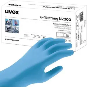 Uvex Einmalhandschuhe u-fit strong N2000, blau, 50 Stück, Nitril, chemikalienbeständig, lebensmittelecht, Größe M