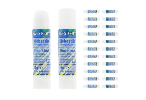 WESTCOTT Klebestift 10g (24 Stück), Bastelkleber mit 1,5cm transparentem Klebestreifen, (Vorteilspack, 24-tlg), Klebt stark und dauerhaft, 100% lösungsmittelfrei