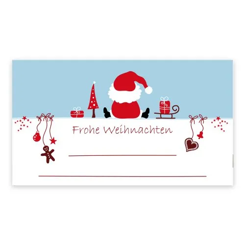Weihnachtsaufkleber Weihnachtssticker Frohe Weihnachten sitzender Weihnachtsmann zum Beschriften Größe (B x H) 74 x 42 mm, 100 Stück auf Rolle, Haftpapier glänzend