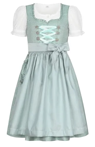 Nübler Dirndl Mädchen - 3 teiliges Set Dirndl Kleid mit Trachtenbluse und Schürze traditionell - Moderne bayrische Tracht, Gabrina in Grün, Größe:140