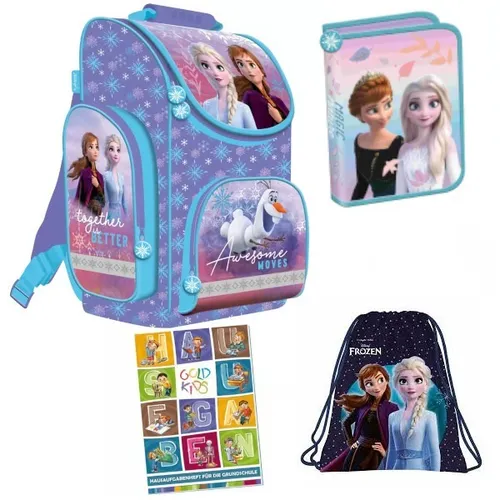 Frozen Eiskönigin Schulranzen Set 4-teilig - 4-teiliges Schulranzen-Set für die 1. Klasse mit ergonomischen Schultergurten, wasserabweisendem Turnbeutel und buntem Hausaufgabenheft - ideal für kleine Frozen-Fans!